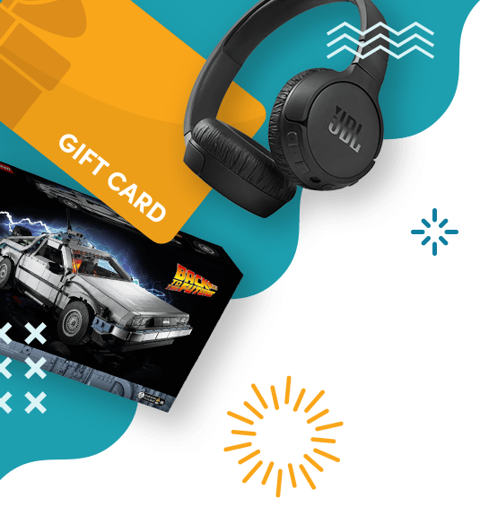 gift card, headphones, lego set with colorful graphics