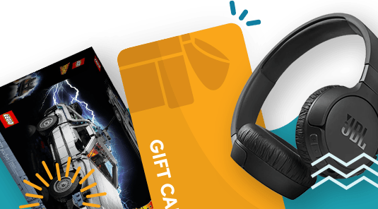 gift card, headphones and lego set with colorful graphics