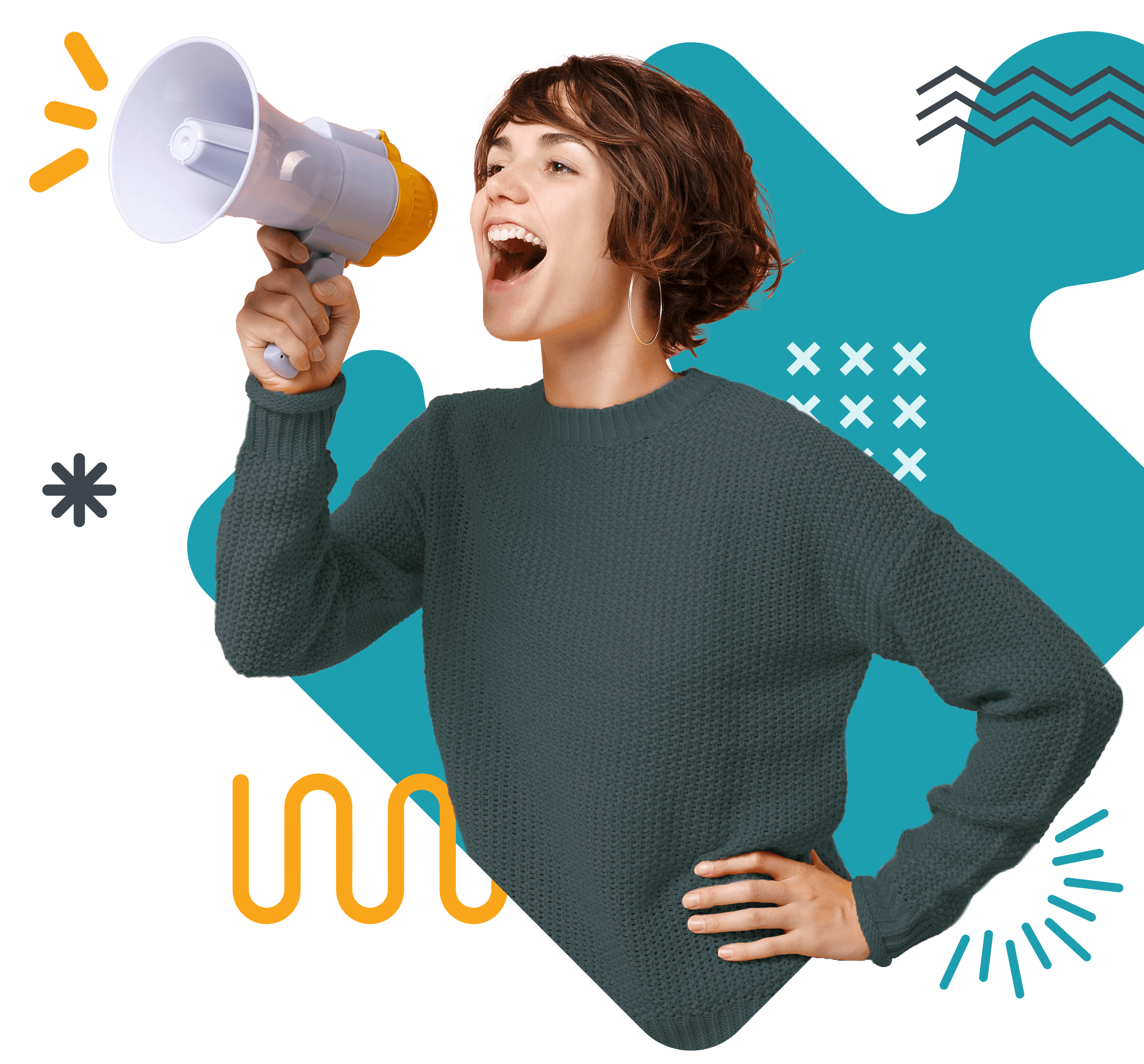 woman with megaphone and colorful graphics