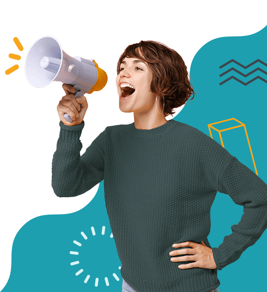 woman with megaphone and colorful graphics